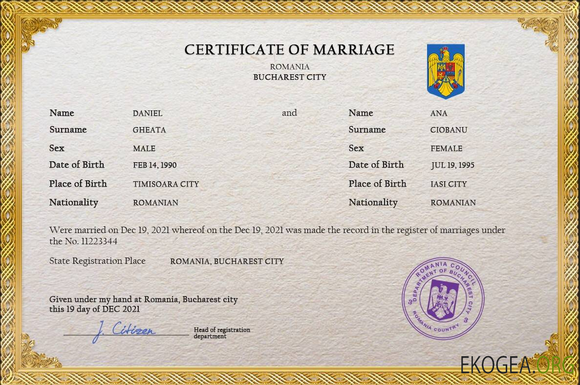 Modèle PSD de certificat de mariage de Roumanie, entièrement modifiable